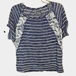 New Directions Weekend Blue Stripe Crochet Dolman Sleeve Knit Top M Coastal Chic